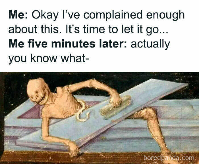 Skeleton humorously struggling to stay sane, emerging from a tomb, reflecting on letting go, reliving relatable memes.