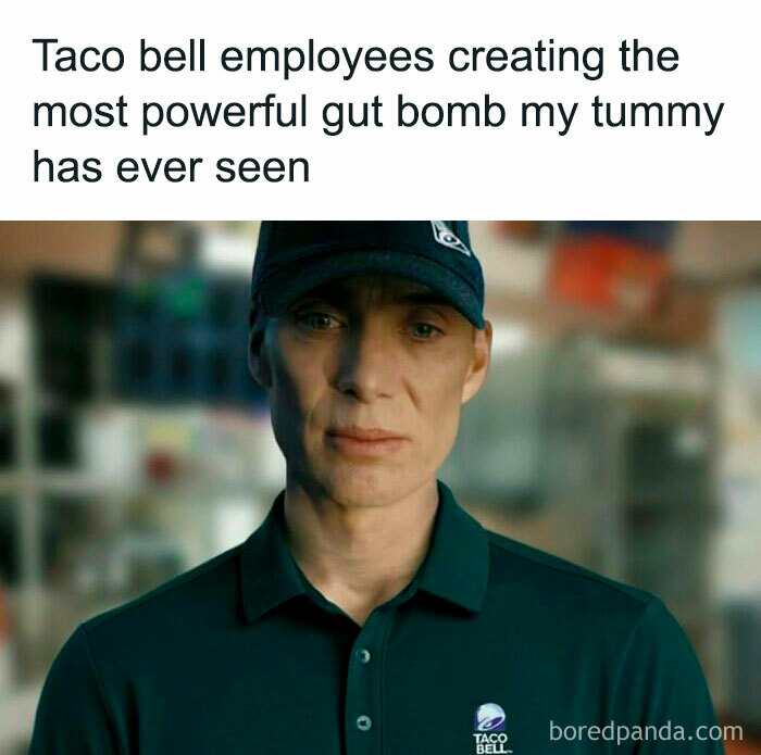 Taco Bell employee meme with funny text about creating a powerful gut b**b, wearing a uniform and cap.