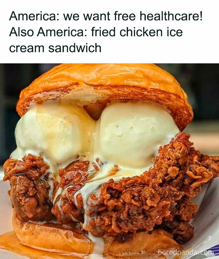 Fried chicken ice cream sandwich meme highlighting funny contradictions in America.