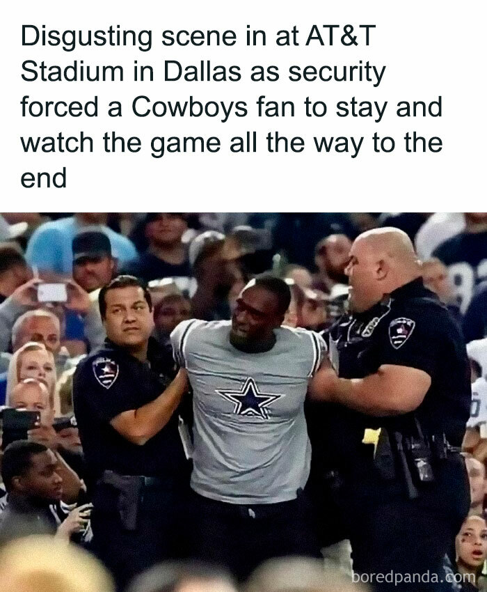 Cowboys fan being escorted by security at AT&T Stadium, creating a funny meme scene with onlookers in the background.