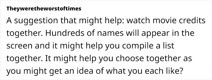 Text suggesting watching movie credits to find baby names.