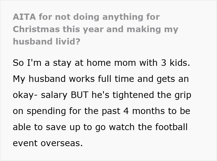 Text discussing a husband's anger over Christmas budgeting while he vacations overseas.