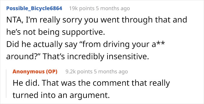 Reddit comments discussing husband's insensitive remark about surgery situation.