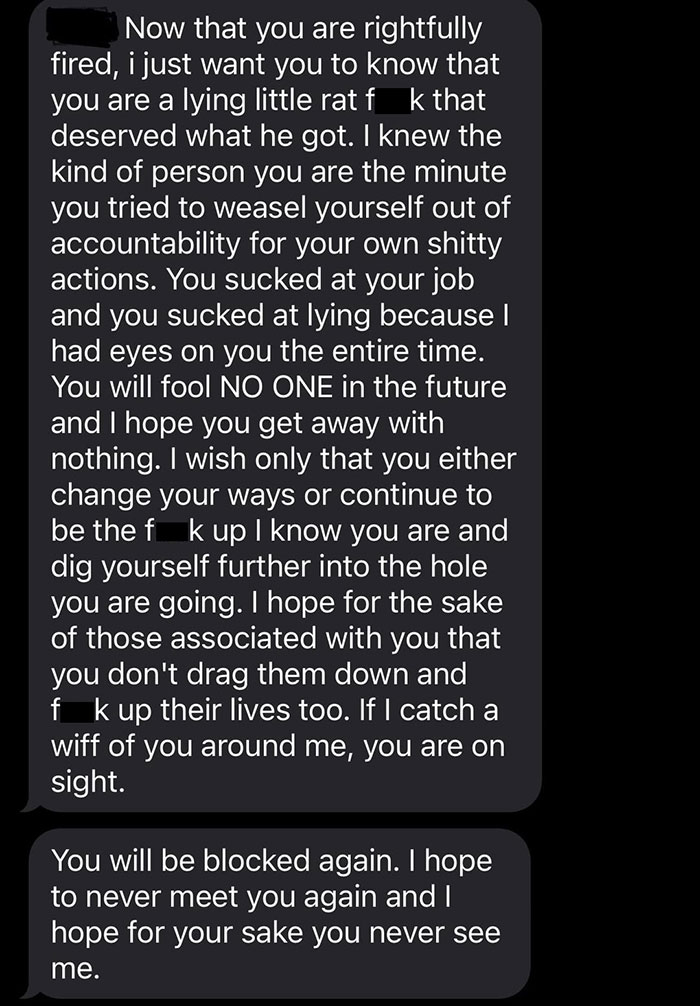 Hostile text message from boss after employee was fired.