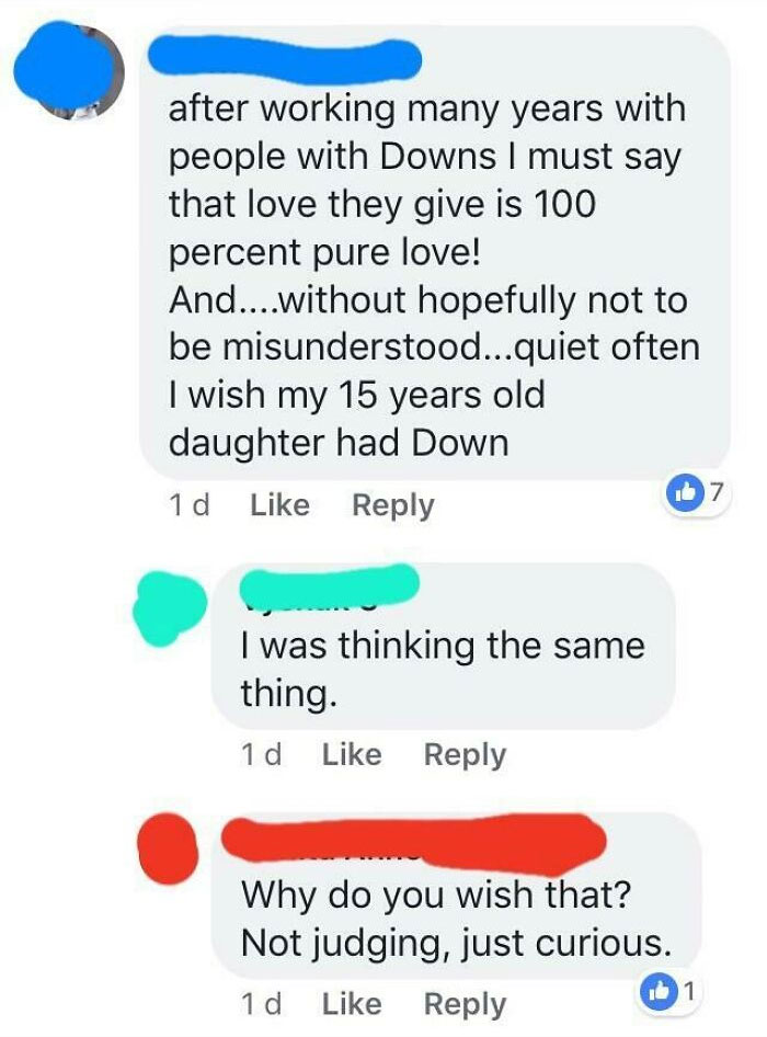 Social media comments discussing experiences and perceptions related to Down syndrome and emotional expressions.