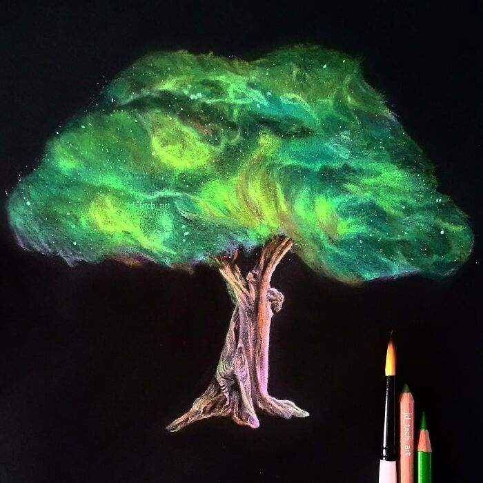 Hyper-realistic pencil drawing of a vibrant tree with swirling green leaves against a dark background, featuring art tools.