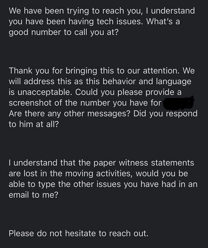 Text showing a conversation about unacceptable behavior and addressing tech issues after a firing assumption.