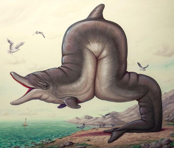 Surreal painting by Bruno Pontiroli depicting a dolphin in a bending pose near the sea with birds flying nearby.