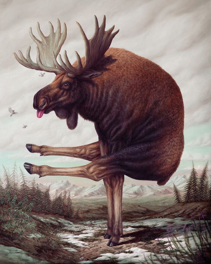 Surreal painting of a moose balancing on two legs, with a distorted body, set in a mountainous landscape.