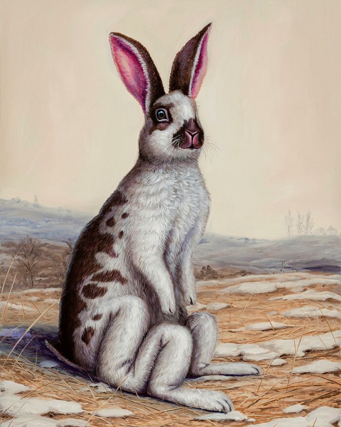 Surreal painting of a rabbit with an elongated body in a snowy landscape, showcasing Bruno Pontiroli's unique artistic style.