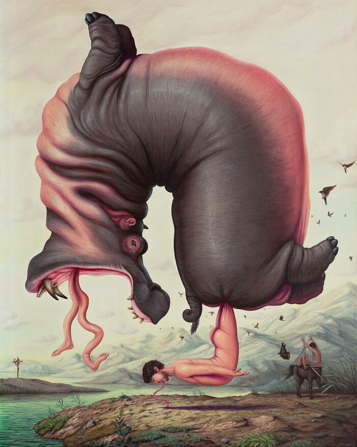 Surreal painting by Bruno Pontiroli featuring an upside-down hippo above a landscape with fantastical elements.