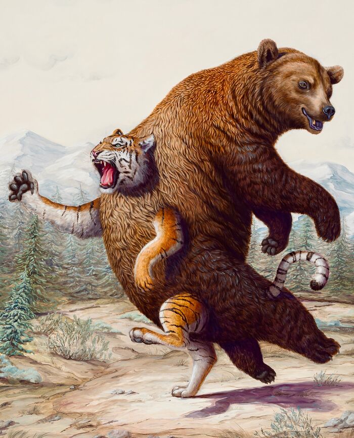Surreal painting depicting a hybrid bear-tiger creature in a forest setting.