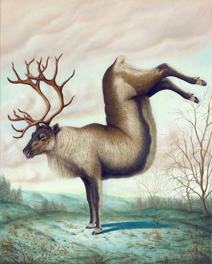 Surreal painting by Bruno Pontiroli featuring an upside-down reindeer in a fantastical landscape.