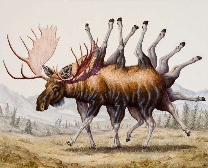 Surreal painting of a moose with multiple legs in a mountainous landscape by Bruno Pontiroli.