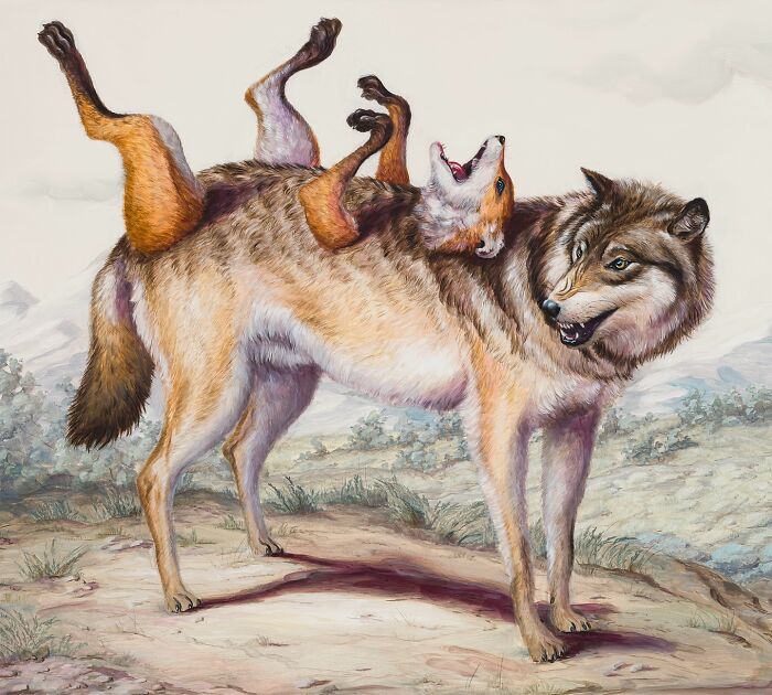 Surreal painting by Bruno Pontiroli featuring a wolf with inverted legs, merging imaginative artistry and wildlife elements.