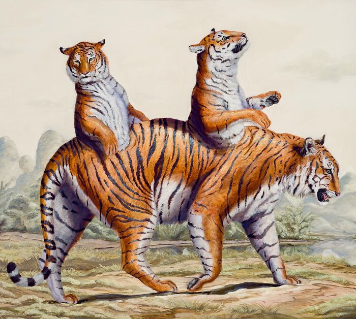 Surreal painting by Bruno Pontiroli featuring two conjoined tigers, each with a half body, in a whimsical setting.