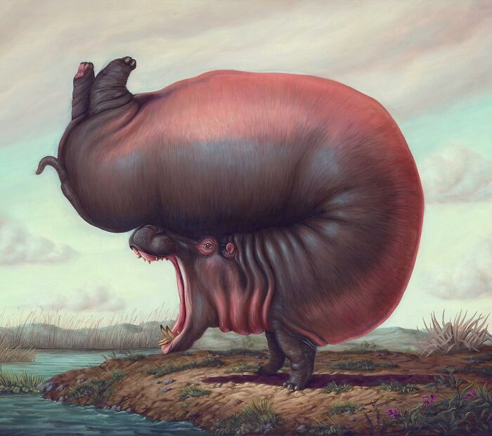 Surreal painting by Bruno Pontiroli depicting a hippo with a distorted, enlarged body standing by water.