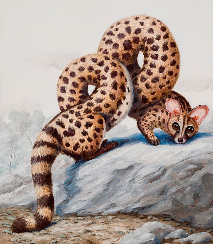 Surreal painting by Bruno Pontiroli of a leopard with a looped body on a rock.