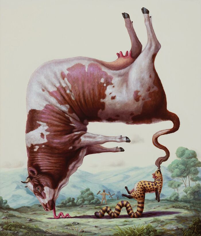 Surreal painting by Bruno Pontiroli depicts an inverted cow and a cheetah with a coiled tail in a fantastical landscape.