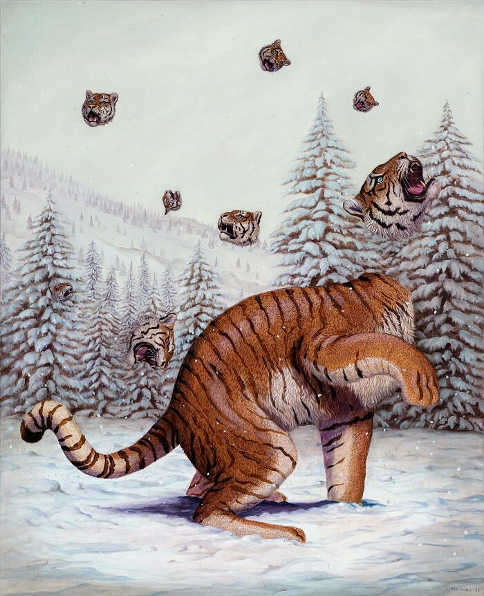 Surreal painting of a tiger with floating heads amidst a snowy forest by Bruno Pontiroli.