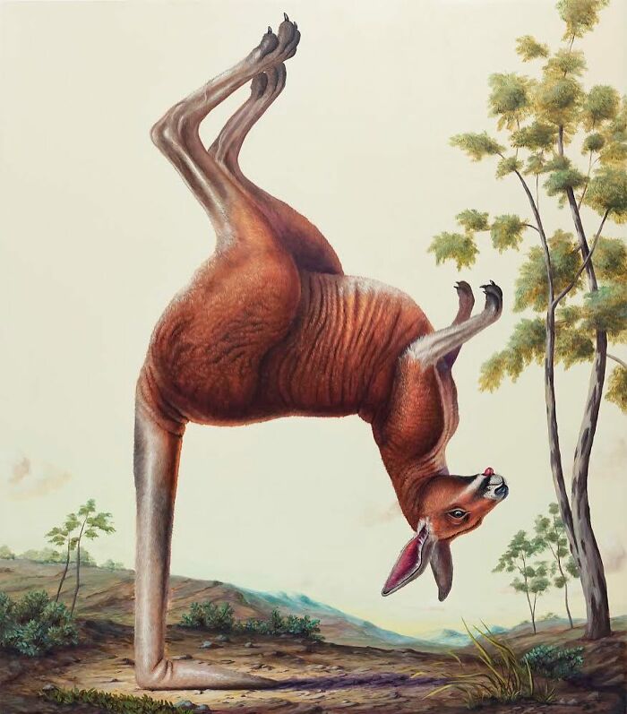 Surreal painting by Bruno Pontiroli depicting an upside-down kangaroo in a natural landscape.