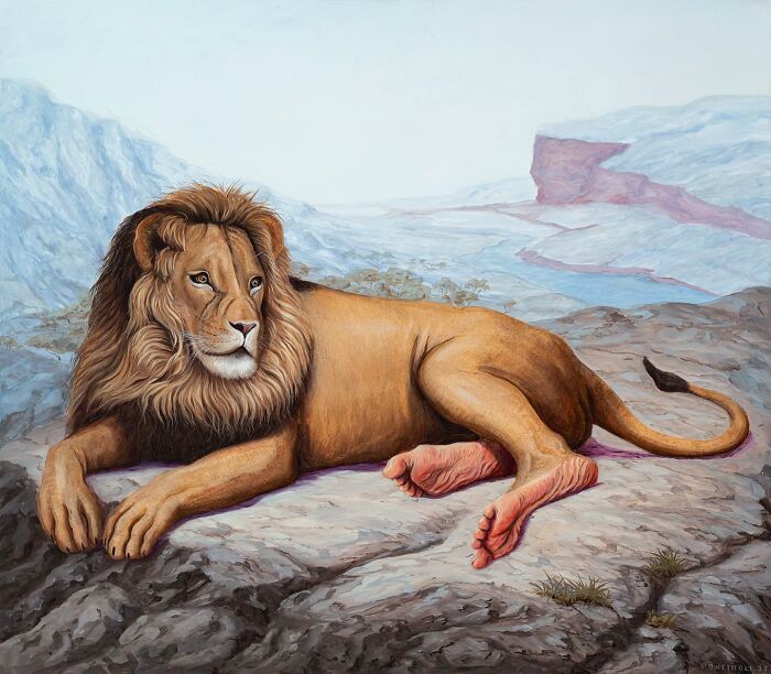 Surreal painting of a lion with human feet, lying on a rocky landscape by Bruno Pontiroli.