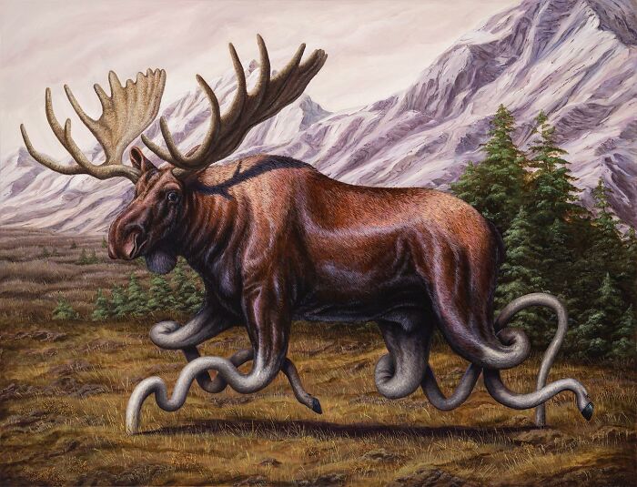 Surreal painting by Bruno Pontiroli of a moose with tentacle-like legs in a mountainous landscape.