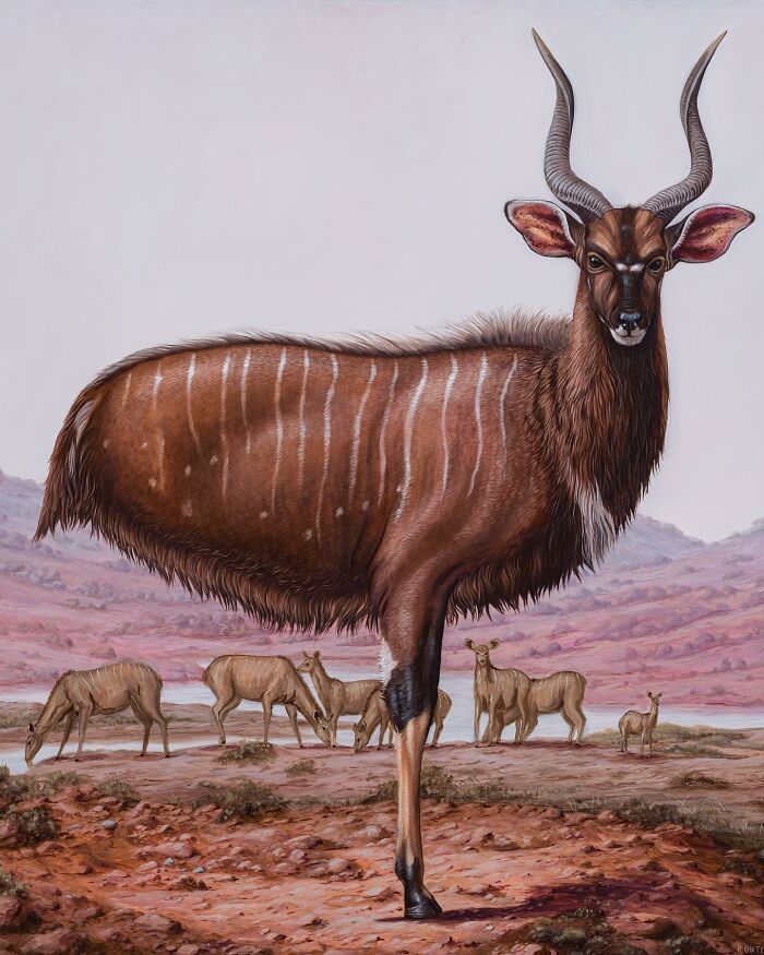 Surreal painting by Bruno Pontiroli depicting an antelope with one leg and elongated body in a desert landscape.