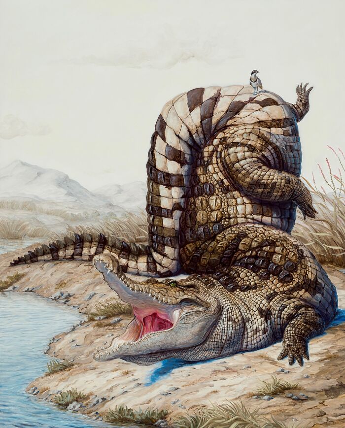 Surreal painting by Bruno Pontiroli showing a crocodile twisted in a fantastical pose with a small bird perched on top.