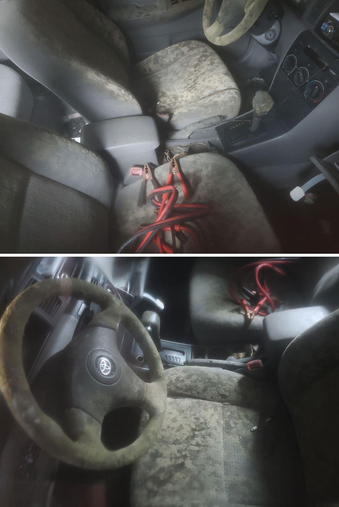 Moldy car interior with jumper cables, causing frustration linked to infuriating family members.