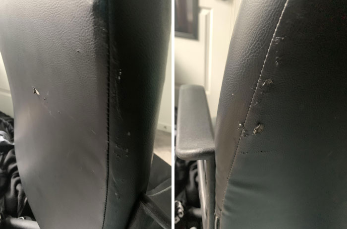 Damaged office chair with scratched leather, possibly caused by infuriating family members.
