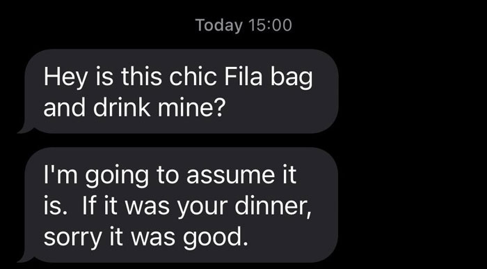 Text messages about a Fila bag and eaten dinner, highlighting infuriating family members.