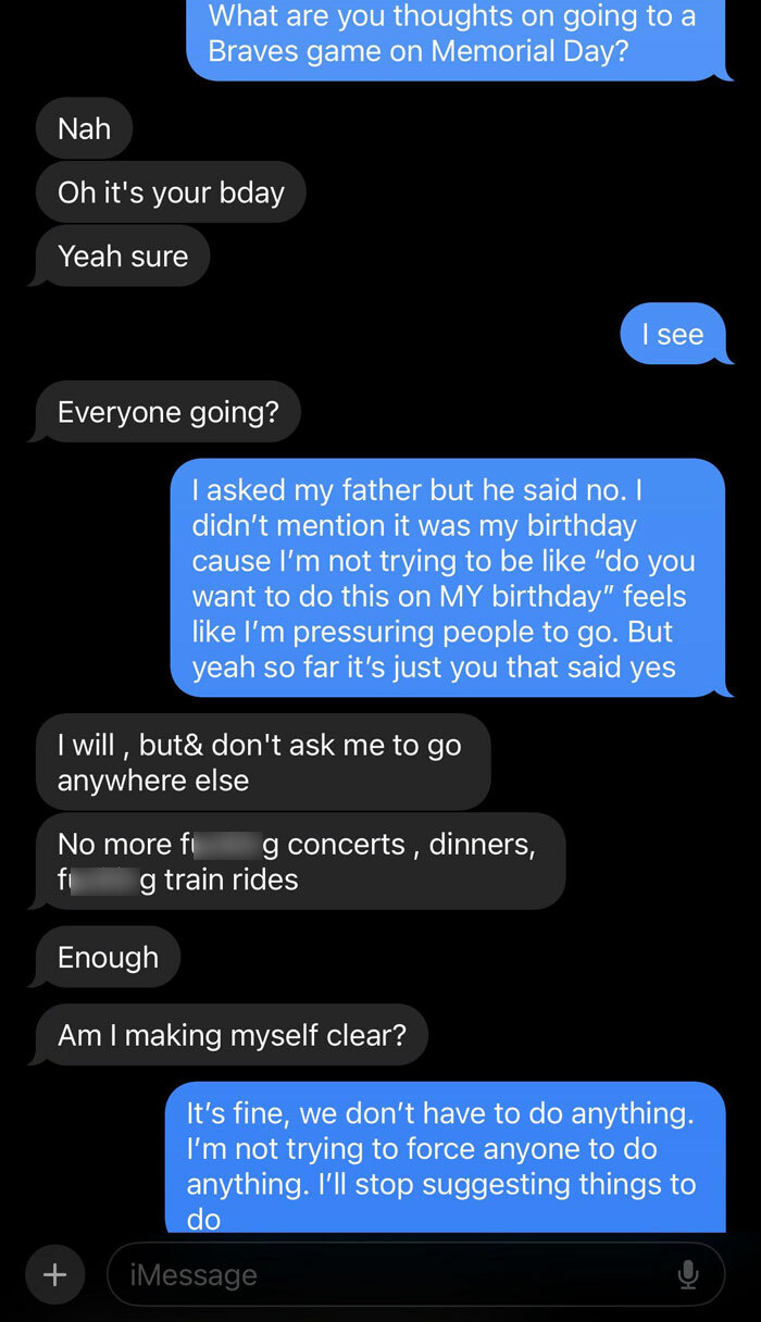 Text conversation highlighting infuriating family members arguing over birthday plans.