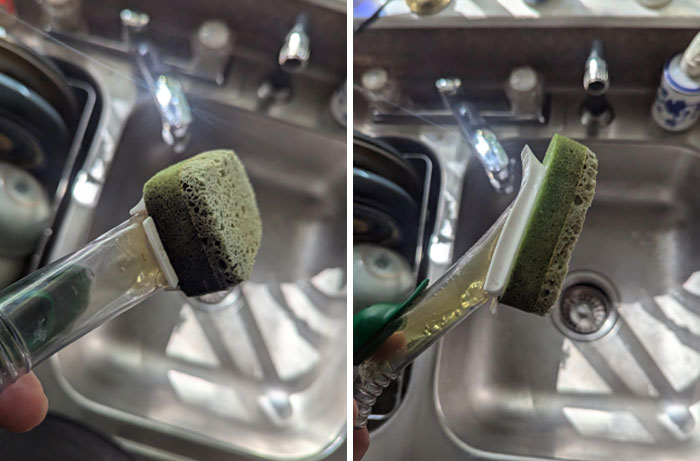 Dirty sponge left in sink, symbolizing infuriating family members' habits.
