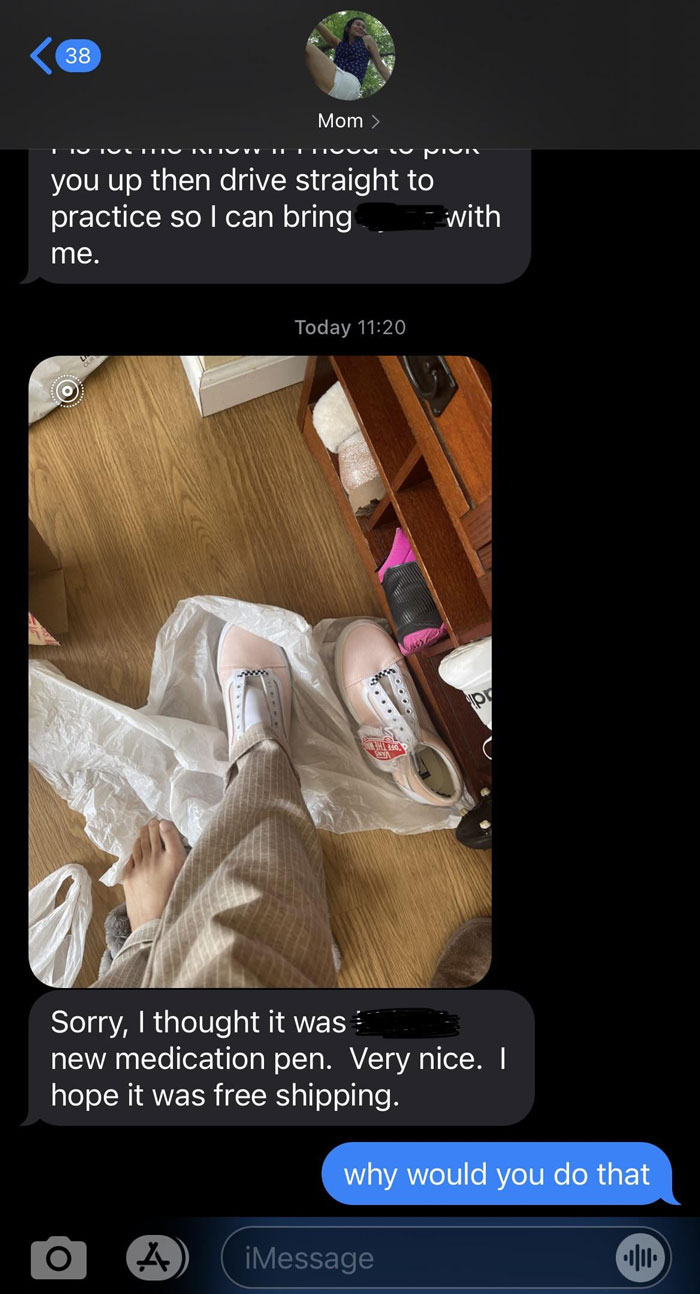 Text exchange showing a frustrated message about family member confusion with a medication pen, featuring pink shoes.