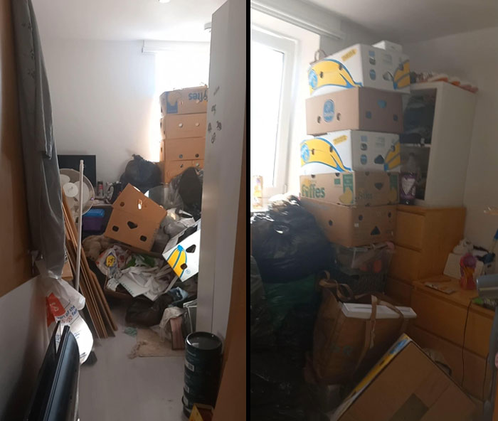 Cluttered room with boxes and bags piled high, reflecting untidy habits often linked to infuriating family members.