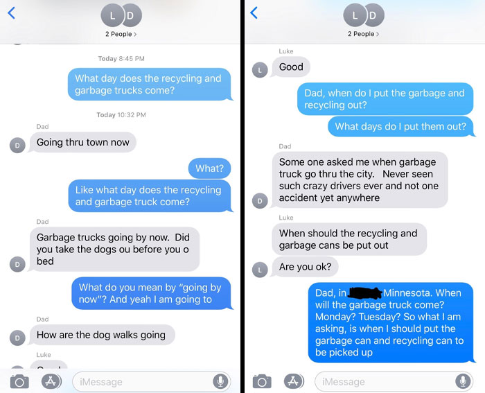 Text messages showing infuriating family conversation about garbage and recycling schedules.