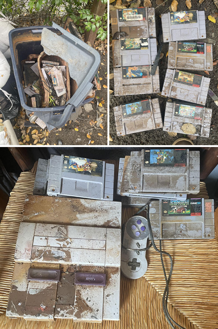 Dirty old gaming consoles and cartridges discarded in a trash bin and on the ground, highlighting infuriating family members.