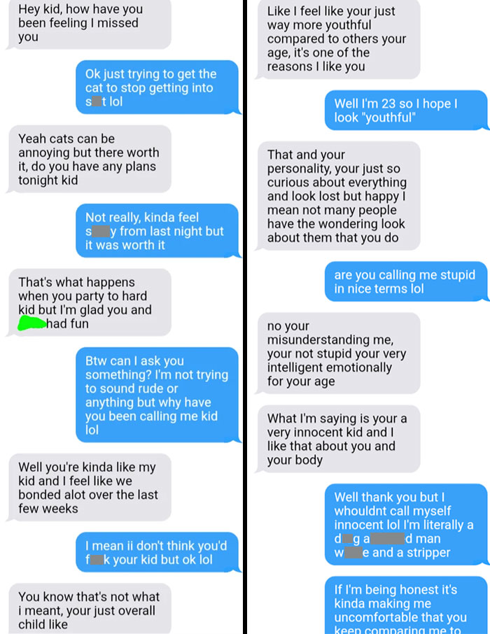 Text conversation showing infuriating dialogue of a man approaching a woman, discussing age and youthfulness.