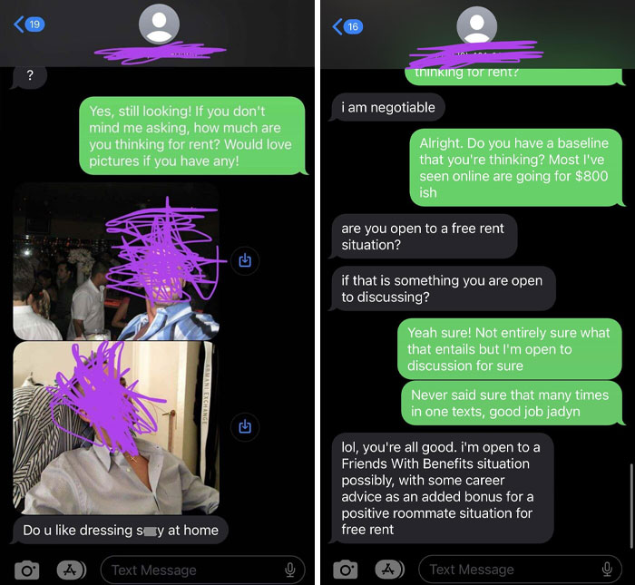 Text messages illustrating inappropriate men approaching women about rental arrangements.