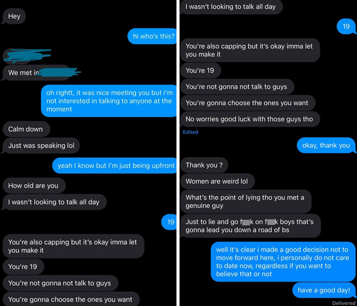 Text exchange illustrating infuriating conversations of men approaching women online.