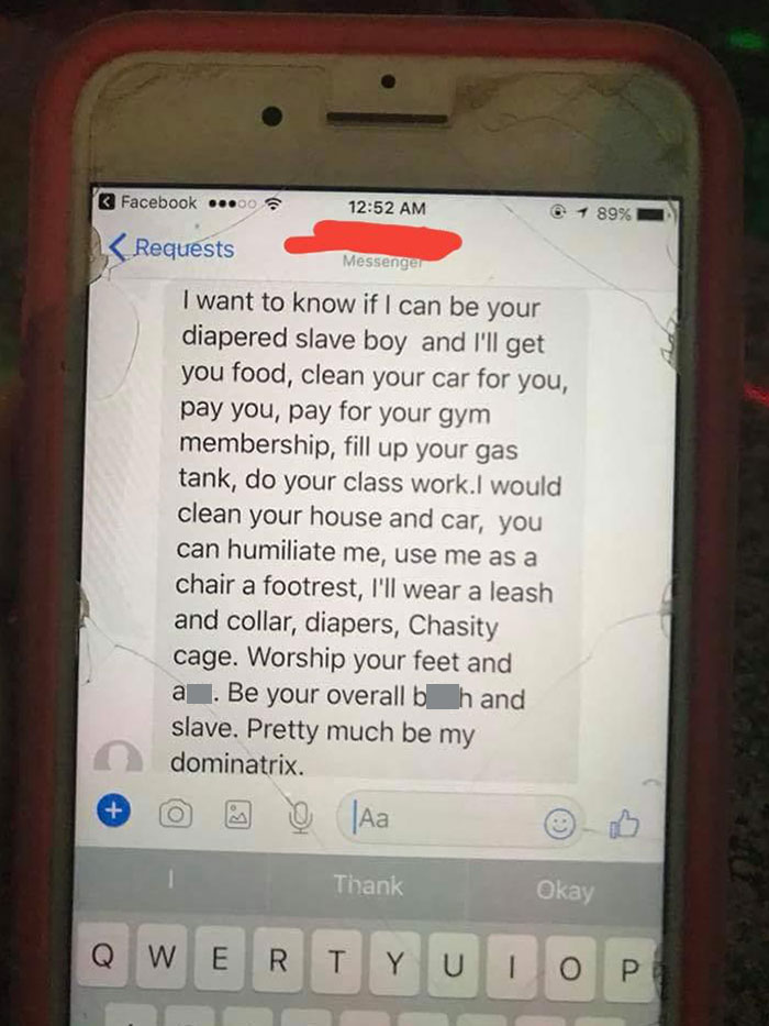A c*****d phone screen displaying a long message related to men approaching women inappropriately.