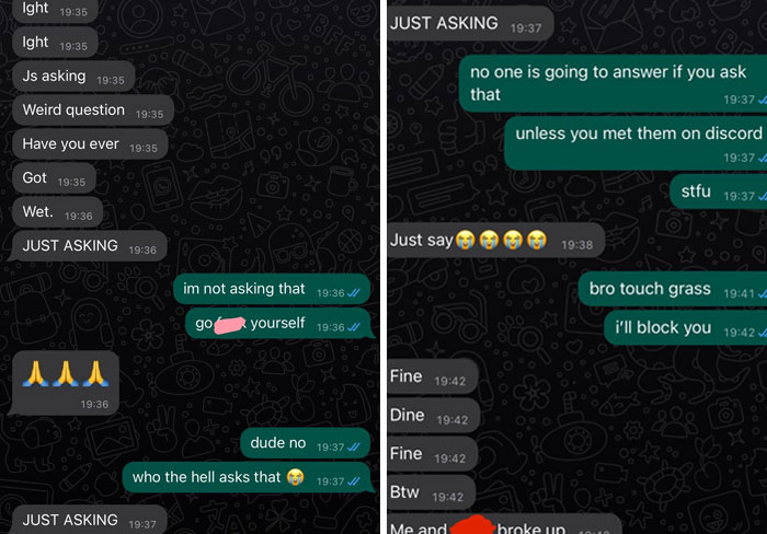 Text messages showing an infuriating conversation with inappropriate questions and responses between men and women.