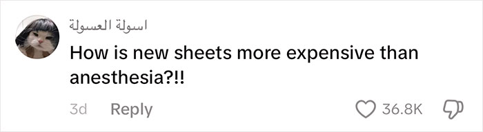 Comment highlighting insane hospital bill costs comparing sheets and anesthesia, with 36.8K likes.