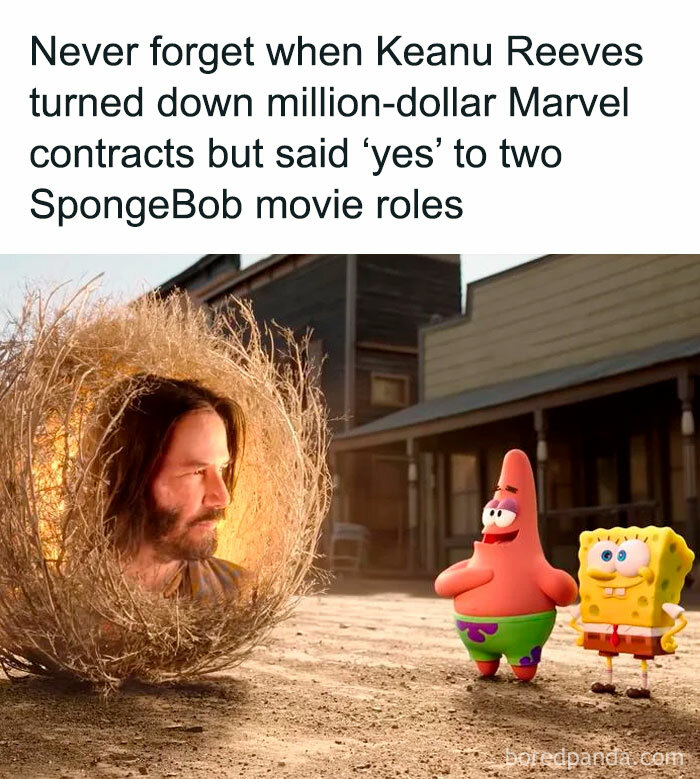 Actor as a tumbleweed with Patrick and SpongeBob, illustrating interesting facts and curiosities.