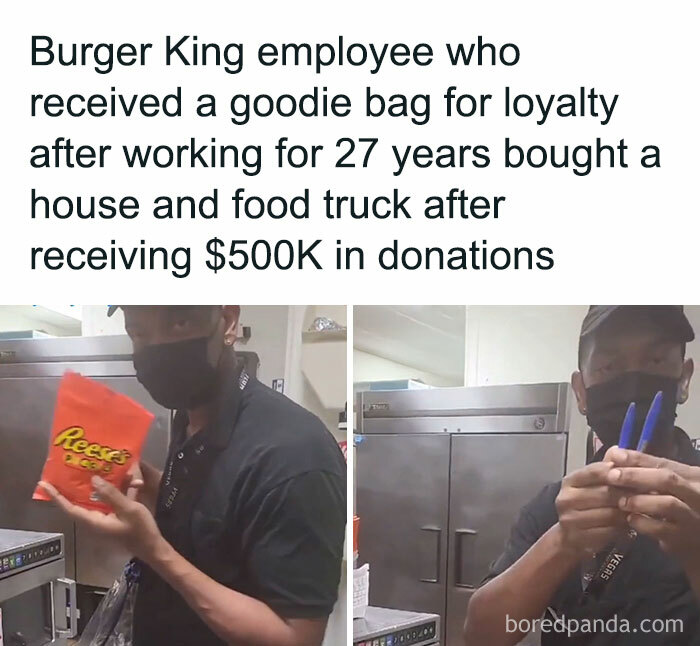 Burger King employee holding Reese's bag and pens, highlighting interesting facts about his journey after receiving donations.