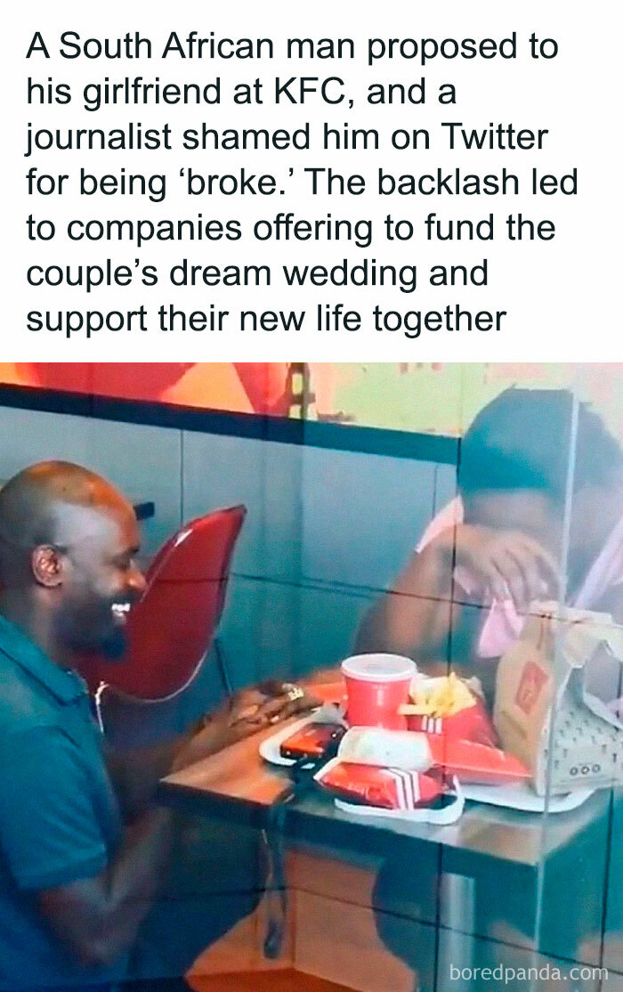 Man proposing at KFC with branding visible; couple becomes viral sensation with public support.
