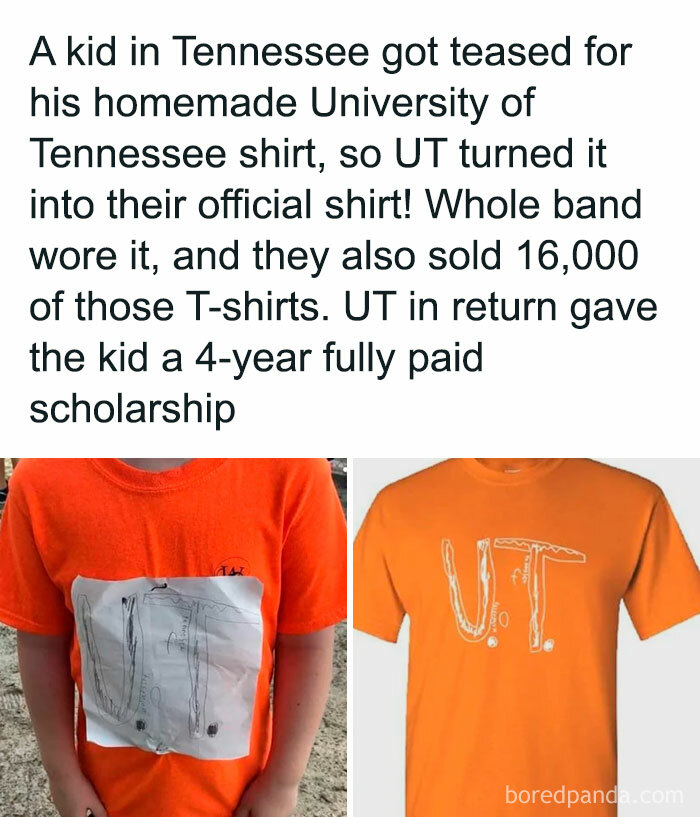 Homemade University of Tennessee shirt becomes official; 16,000 sold, earns student a 4-year scholarship.