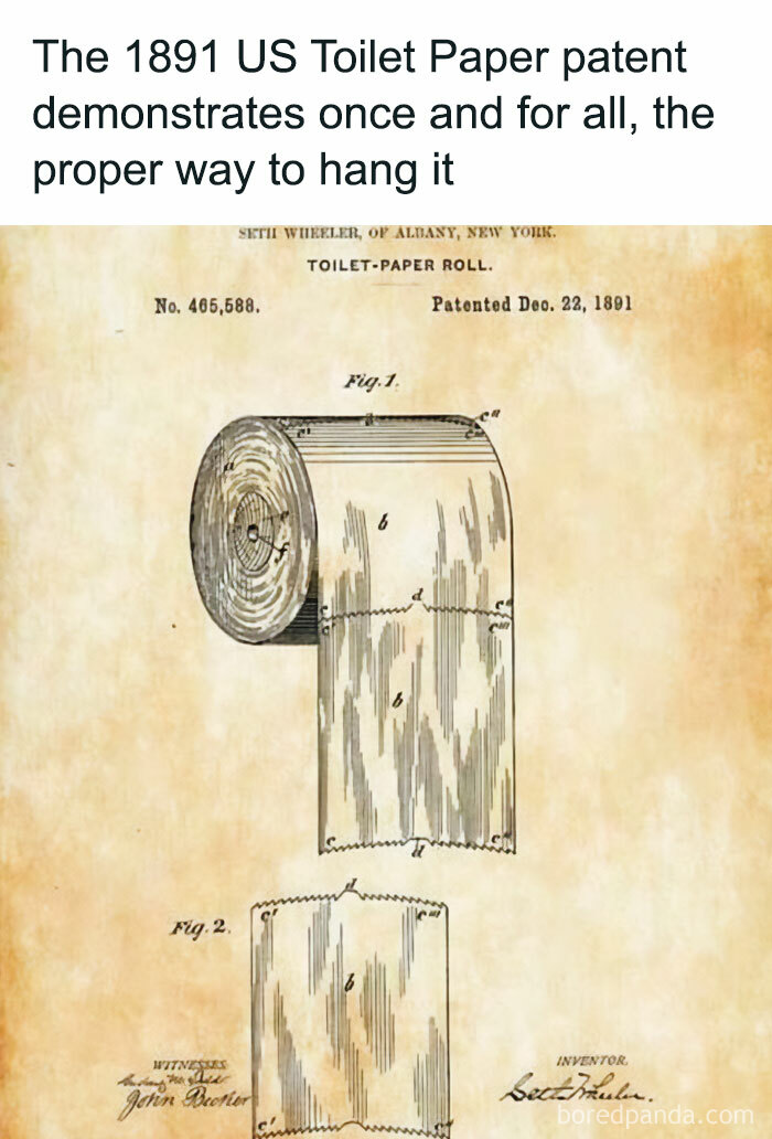 1891 US patent drawing of toilet paper roll configuration, illustrating the proper hanging method.