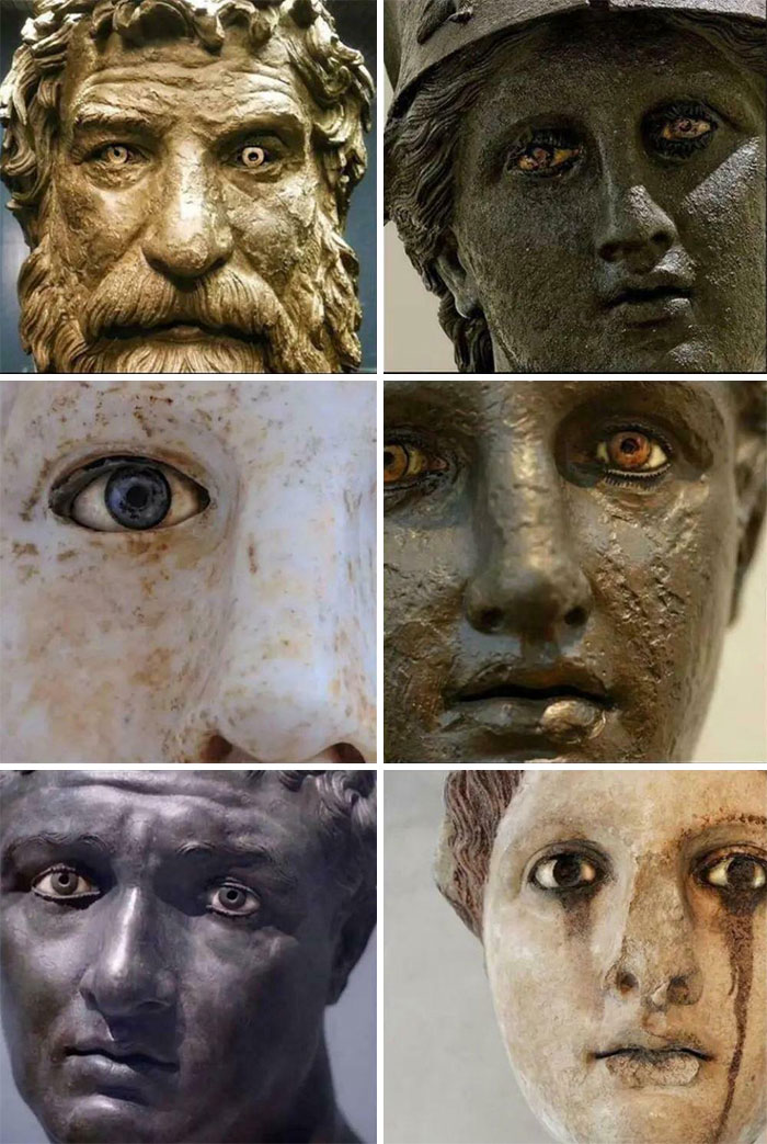 Close-up of ancient statue faces with detailed eyes, from historical photos not commonly seen in textbooks.